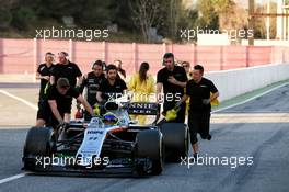 Sergio Perez (MEX) Sahara Force India F1 VJM10 is pushed down the pit lane. 10.03.2017. Formula One Testing, Day Four, Barcelona, Spain. Friday.