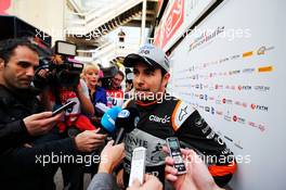 Sergio Perez (MEX) Sahara Force India F1 with the media. 08.03.2017. Formula One Testing, Day Two, Barcelona, Spain. Wednesday.