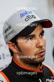Sergio Perez (MEX) Sahara Force India F1 with the media. 08.03.2017. Formula One Testing, Day Two, Barcelona, Spain. Wednesday.
