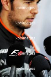 F1 Microphone and Sergio Perez (MEX) Sahara Force India F1. 08.03.2017. Formula One Testing, Day Two, Barcelona, Spain. Wednesday.