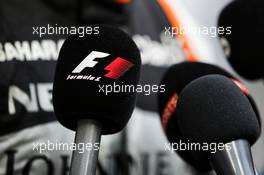 F1 Microphone and Sergio Perez (MEX) Sahara Force India F1. 08.03.2017. Formula One Testing, Day Two, Barcelona, Spain. Wednesday.