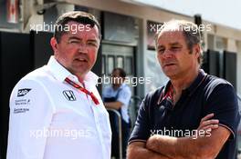 (L to R): Eric Boullier (FRA) McLaren Racing Director with Gerhard Berger (AUT). 02.08.2017. Formula 1 Testing, Budapest, Hungary.