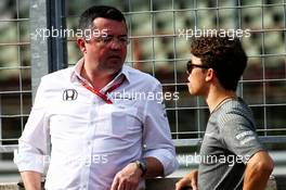 (L to R): Eric Boullier (FRA) McLaren Racing Director with Nyck de Vries (NLD) McLaren Young Driver. 02.08.2017. Formula 1 Testing, Budapest, Hungary.