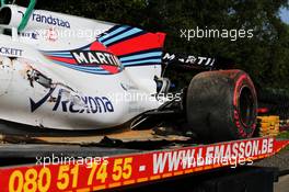 The Williams FW40 of Felipe Massa (BRA) is recovered back to the pits on the back of a truck after he crashed in the first Practice Session. 25.08.2017. Formula 1 World Championship, Rd 12, Belgian Grand Prix, Spa Francorchamps, Belgium, Practice Day.