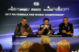 (L to R): Guenther Steiner (ITA) Haas F1 Team Prinicipal; Christian Horner (GBR) Red Bull Racing Team Principal; and Cyril Abiteboul (FRA) Renault Sport F1 Managing Director in the FIA Press Conference. 25.08.2017. Formula 1 World Championship, Rd 12, Belgian Grand Prix, Spa Francorchamps, Belgium, Practice Day.