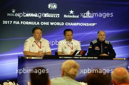 (L to R): Zak Brown (USA) McLaren Executive Director; Yusuke Hasegawa (JPN) Head of Honda F1 Programme; and Franz Tost (AUT) Scuderia Toro Rosso Team Principal; in the FIA Press Conference. 25.08.2017. Formula 1 World Championship, Rd 12, Belgian Grand Prix, Spa Francorchamps, Belgium, Practice Day.