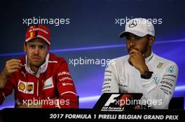 (L to R): Sebastian Vettel (GER) Ferrari and Lewis Hamilton (GBR) Mercedes AMG F1 in the post race FIA Press Conference. 27.08.2017. Formula 1 World Championship, Rd 12, Belgian Grand Prix, Spa Francorchamps, Belgium, Race Day.