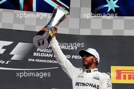 Race winner Lewis Hamilton (GBR) Mercedes AMG F1 celebrates on the podium. 27.08.2017. Formula 1 World Championship, Rd 12, Belgian Grand Prix, Spa Francorchamps, Belgium, Race Day.