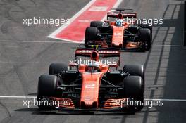 Stoffel Vandoorne (BEL) McLaren MCL32 leads team mate Fernando Alonso (ESP) McLaren MCL32. 26.08.2017. Formula 1 World Championship, Rd 12, Belgian Grand Prix, Spa Francorchamps, Belgium, Qualifying Day.