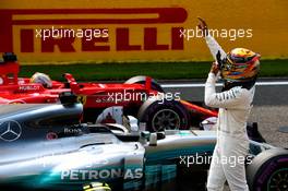 Lewis Hamilton (GBR) Mercedes AMG F1 celebrates his pole position in parc ferme. 26.08.2017. Formula 1 World Championship, Rd 12, Belgian Grand Prix, Spa Francorchamps, Belgium, Qualifying Day.