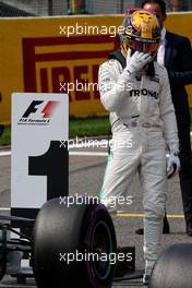 Lewis Hamilton (GBR) Mercedes AMG F1 W08 celebrates his pole position in qualifying parc ferme. 26.08.2017. Formula 1 World Championship, Rd 12, Belgian Grand Prix, Spa Francorchamps, Belgium, Qualifying Day.