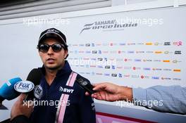 Sergio Perez (MEX) Sahara Force India F1 with the media. 24.08.2017. Formula 1 World Championship, Rd 12, Belgian Grand Prix, Spa Francorchamps, Belgium, Preparation Day.