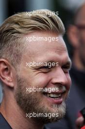 Kevin Magnussen (DEN) Haas F1 Team with the media. 24.08.2017. Formula 1 World Championship, Rd 12, Belgian Grand Prix, Spa Francorchamps, Belgium, Preparation Day.