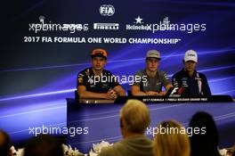 The FIA Press Conference (L to R): Max Verstappen (NLD) Red Bull Racing; Stoffel Vandoorne (BEL) McLaren; Esteban Ocon (FRA) Sahara Force India F1 Team. 24.08.2017. Formula 1 World Championship, Rd 12, Belgian Grand Prix, Spa Francorchamps, Belgium, Preparation Day.