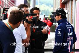 Sergio Perez (MEX) Sahara Force India F1 with the media. 24.08.2017. Formula 1 World Championship, Rd 12, Belgian Grand Prix, Spa Francorchamps, Belgium, Preparation Day.