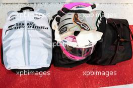 The helmet of and kit for Esteban Ocon (FRA) Sahara Force India F1 Team on the grid. 16.04.2017. Formula 1 World Championship, Rd 3, Bahrain Grand Prix, Sakhir, Bahrain, Race Day.