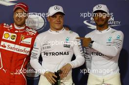 Pole for Valtteri Bottas (FIN) Mercedes AMG F1 W08, 2nd for Lewis Hamilton (GBR) Mercedes AMG F1 W08 and 3rd for Sebastian Vettel (GER) Ferrari SF70H. 15.04.2017. Formula 1 World Championship, Rd 3, Bahrain Grand Prix, Sakhir, Bahrain, Qualifying Day.