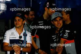 (L to R): Felipe Massa (BRA) Williams with Esteban Ocon (FRA) Sahara Force India F1 Team and Sergio Perez (MEX) Sahara Force India F1 on the drivers parade. 16.04.2017. Formula 1 World Championship, Rd 3, Bahrain Grand Prix, Sakhir, Bahrain, Race Day.