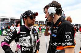 Sergio Perez (MEX) Sahara Force India F1 with Tim Wright (GBR) Sahara Force India F1 Team Race Engineer on the grid. 11.06.2017. Formula 1 World Championship, Rd 7, Canadian Grand Prix, Montreal, Canada, Race Day.