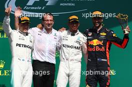 1st place Lewis Hamilton (GBR) Mercedes AMG F1 W08, 2nd for Valtteri Bottas (FIN) Mercedes AMG F1 and 3rd place for Daniel Ricciardo (AUS) Red Bull Racing RB13. 11.06.2017. Formula 1 World Championship, Rd 7, Canadian Grand Prix, Montreal, Canada, Race Day.