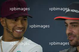 (L to R): Lewis Hamilton (GBR) Mercedes AMG F1 with Fernando Alonso (ESP) McLaren in the FIA Press Conference. 08.06.2017. Formula 1 World Championship, Rd 7, Canadian Grand Prix, Montreal, Canada, Preparation Day.