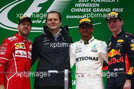 1st place Lewis Hamilton (GBR) Mercedes AMG F1 W08, 2nd place Sebastian Vettel (GER) Ferrari SF70H and 3rd Max Verstappen (NLD) Red Bull Racing RB13. 09.04.2017. Formula 1 World Championship, Rd 2, Chinese Grand Prix, Shanghai, China, Race Day.