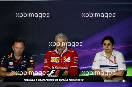 The FIA Press Conference (L to R): Christian Horner (GBR) Red Bull Racing Team Principal; Maurizio Arrivabene (ITA) Ferrari Team Principal; Monisha Kaltenborn (AUT) Sauber Team Principal. 12.05.2017. Formula 1 World Championship, Rd 5, Spanish Grand Prix, Barcelona, Spain, Practice Day.