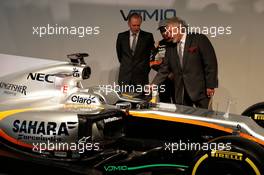 (L to R): Andrew Green (GBR) Sahara Force India F1 Team Technical Director; Sergio Perez (MEX) Sahara Force India F1; Dr. Vijay Mallya (IND) Sahara Force India F1 Team Owner; and the Sahara Force India F1 VJM10. 22.02.2017. Sahara Force India F1 VJM10 Launch, Silverstone, England.