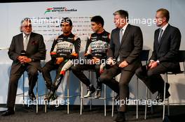 (L to R): Dr. Vijay Mallya (IND) Sahara Force India F1 Team Owner; Sergio Perez (MEX) Sahara Force India F1; Esteban Ocon (FRA) Sahara Force India F1 Team; Otmar Szafnauer (USA) Sahara Force India F1 Chief Operating Officer; Andrew Green (GBR) Sahara Force India F1 Team Technical Director. 22.02.2017. Sahara Force India F1 VJM10 Launch, Silverstone, England.