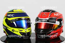 (L to R): The helmets of Sergio Perez (MEX) Sahara Force India F1 and Esteban Ocon (FRA) Sahara Force India F1 Team. 20.02.2017. Sahara Force India F1 Team Studio Shoot, Silverstone, England.