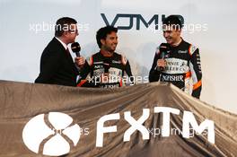 (L to R): David Croft (GBR) Sky Sports Commentator with Sergio Perez (MEX) Sahara Force India F1 and Esteban Ocon (FRA) Sahara Force India F1 Team. 22.02.2017. Sahara Force India F1 VJM10 Launch, Silverstone, England.
