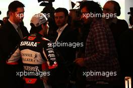 Sergio Perez (MEX) Sahara Force India F1 with the media. 22.02.2017. Sahara Force India F1 VJM10 Launch, Silverstone, England.