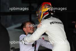 Race winner Lewis Hamilton (GBR) Mercedes AMG F1 celebrates with Billy Monger (GBR) Racing Driver in parc ferme. 16.07.2017. Formula 1 World Championship, Rd 10, British Grand Prix, Silverstone, England, Race Day.