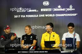 The FIA Press Conference (L to R): Romain Grosjean (FRA) Haas F1 Team; Valtteri Bottas (FIN) Mercedes AMG F1; Jolyon Palmer (GBR) Renault Sport F1 Team; Lance Stroll (CDN) Williams. 13.07.2017. Formula 1 World Championship, Rd 10, British Grand Prix, Silverstone, England, Preparation Day.