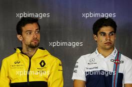 (L to R): Jolyon Palmer (GBR) Renault Sport F1 Team and Lance Stroll (CDN) Williams in the FIA Press Conference. 13.07.2017. Formula 1 World Championship, Rd 10, British Grand Prix, Silverstone, England, Preparation Day.