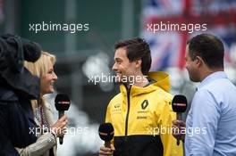 Jolyon Palmer (GBR) Renault Sport F1 Team with Rachel Brookes (GBR) Sky Sports F1 Reporter and Ted Kravitz (GBR) Sky Sports Pitlane Reporter. 13.07.2017. Formula 1 World Championship, Rd 10, British Grand Prix, Silverstone, England, Preparation Day.