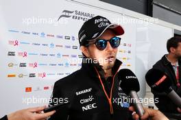 Sergio Perez (MEX) Sahara Force India F1 with the media. 13.07.2017. Formula 1 World Championship, Rd 10, British Grand Prix, Silverstone, England, Preparation Day.