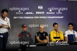 The FIA Press Conference (L to R): Matteo Bonciani (ITA) FIA Media Delegate; Romain Grosjean (FRA) Haas F1 Team; Valtteri Bottas (FIN) Mercedes AMG F1; Jolyon Palmer (GBR) Renault Sport F1 Team; Lance Stroll (CDN) Williams. 13.07.2017. Formula 1 World Championship, Rd 10, British Grand Prix, Silverstone, England, Preparation Day.