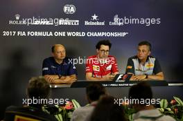 The FIA Press Conference (L to R): Frederic Vasseur (FRA) Sauber F1 Team, Team Principal; Mattia Binotto (ITA) Ferrari Chief Technical Officer; Mario Isola (ITA) Pirelli Racing Manager. 28.07.2017. Formula 1 World Championship, Rd 11, Hungarian Grand Prix, Budapest, Hungary, Practice Day.