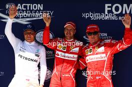 Qualifying top three in parc ferme (L to R): Valtteri Bottas (FIN) Mercedes AMG F1, third, Sebastian Vettel (GER) Ferrari; pole position; Kimi Raikkonen (FIN) Ferrari, second. 29.07.2017. Formula 1 World Championship, Rd 11, Hungarian Grand Prix, Budapest, Hungary, Qualifying Day.