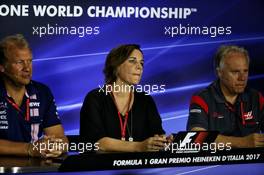 (L to R): Robert Fernley (GBR) Sahara Force India F1 Team Deputy Team Principal; Claire Williams (GBR) Williams Deputy Team Principal; and Gene Haas (USA) Haas Automotion President; in the FIA Press Conference. 01.09.2017. Formula 1 World Championship, Rd 13, Italian Grand Prix, Monza, Italy, Practice Day.