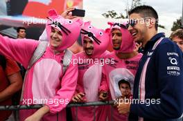 Esteban Ocon (FRA) Sahara Force India F1 Team with Pink Panther fans. 01.09.2017. Formula 1 World Championship, Rd 13, Italian Grand Prix, Monza, Italy, Practice Day.