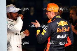 (L to R): Lewis Hamilton (GBR) Mercedes AMG F1 with Max Verstappen (NLD) Red Bull Racing in qualifying parc ferme. 02.09.2017. Formula 1 World Championship, Rd 13, Italian Grand Prix, Monza, Italy, Qualifying Day.