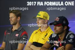 (L to R): Romain Grosjean (FRA) Haas F1 Team with Nico Hulkenberg (GER) Renault Sport F1 Team and Carlos Sainz Jr (ESP) Scuderia Toro Rosso in the FIA Press Conference. 31.08.2017. Formula 1 World Championship, Rd 13, Italian Grand Prix, Monza, Italy, Preparation Day.