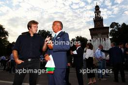 (L to R): Davide Valsecchi (ITA) Sky F1 Italia Presenter with Dr. Angelo Sticchi Damiani (ITA) Aci Csai President at a drivers' parade in Milan. 31.08.2017. Formula 1 World Championship, Rd 13, Italian Grand Prix, Monza, Italy, Preparation Day.