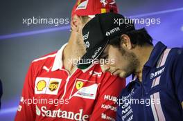 (L to R): Sebastian Vettel (GER) Ferrari with Sergio Perez (MEX) Sahara Force India F1 in the FIA Press Conference. 31.08.2017. Formula 1 World Championship, Rd 13, Italian Grand Prix, Monza, Italy, Preparation Day.