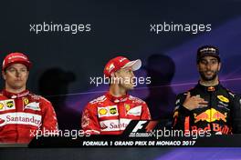 The post race FIA Press Conference (L to R): Kimi Raikkonen (FIN) Ferrari, second; Sebastian Vettel (GER) Ferrari, race winner; Daniel Ricciardo (AUS) Red Bull Racing, third. 28.05.2017. Formula 1 World Championship, Rd 6, Monaco Grand Prix, Monte Carlo, Monaco, Race Day.