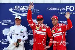 Qualifying top three in parc ferme (L to R): Valtteri Bottas (FIN) Mercedes AMG F1, third; Kimi Raikkonen (FIN) Ferrari, pole position; Sebastian Vettel (GER) Ferrari, second. 27.05.2017. Formula 1 World Championship, Rd 6, Monaco Grand Prix, Monte Carlo, Monaco, Qualifying Day.