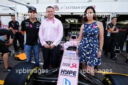 (L to R): Sergio Perez (MEX) Sahara Force India F1; Andy Harris (GBR) Breast Cancer Care Director of Fundraising and Marketing; and Lee McKenzie (GBR) Channel 4 F1 Deputy Presenter, reveal the Breast Cancer Care partnership with the Sahara Force India F1 Team. 24.05.2017. Formula 1 World Championship, Rd 6, Monaco Grand Prix, Monte Carlo, Monaco, Preparation Day.