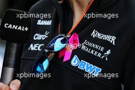 Esteban Ocon (FRA) Sahara Force India F1 Team wearing Breast Cancer Care pink ribbon. 24.05.2017. Formula 1 World Championship, Rd 6, Monaco Grand Prix, Monte Carlo, Monaco, Preparation Day.